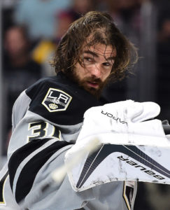 LOS ANGELES, CA - OCTOBER 22: Peter Budaj #31 of the Los Angeles Kings reacts after losing his helmet during the third period of a 4-3 overtime shotout win against the Vancouver Canucks at Staples Center on October 22, 2016 in Los Angeles, California. (Photo by Harry How/Getty Images)