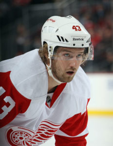 NEWARK, NJ - MARCH 04: Darren Helm #43 of the Detroit Red Wings skates against the New Jersey Devils at the Prudential Center on March 4, 2014 in Newark, New Jersey. The Devils defeated the Red Wings 4-3. (Photo by Bruce Bennett/Getty Images)