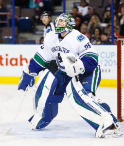 EDMONTON, AB - MARCH 18: Goaltender Jacob Markstrom #25 of the Vancouver Canucks defends the net against the Edmonton Oilers on March 18, 2016 at Rexall Place in Edmonton, Alberta, Canada. (Photo by Codie McLachlan/Getty Images)