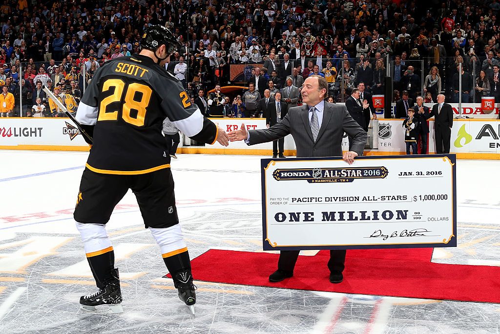 NASHVILLE, TN - JANUARY 31: John Scott #28 of the Arizona Coyotes shakes hands with NHL Commissioner Gary Bettman after the 2016 Honda NHL All-Star Final Game between the Eastern Conference and the Western Conference at Bridgestone Arena on January 31, 2016 in Nashville, Tennessee. (Photo by Bruce Bennett/Getty Images)