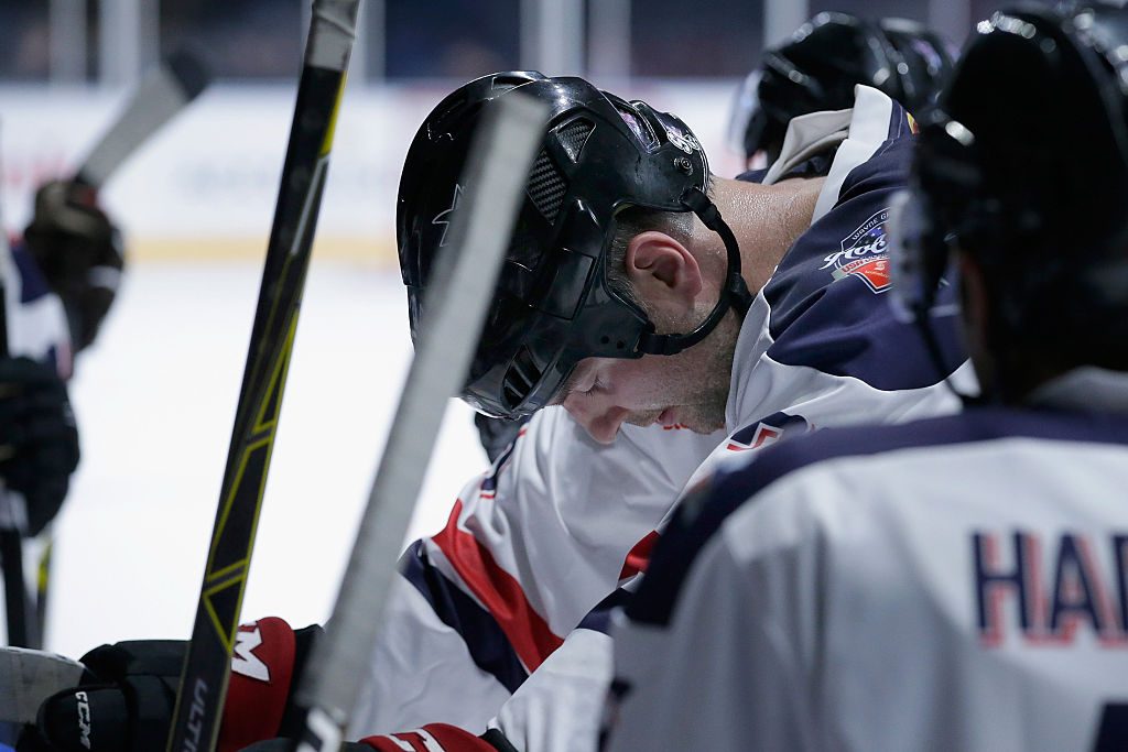 MELBOURNE, AUSTRALIA - JUNE 17: John Scott of USA catches his breath during the match between Team USA and Team Canada at Rod Laver Arena on June 17, 2016 in Melbourne, Australia. (Photo by Darrian Traynor/Getty Images)