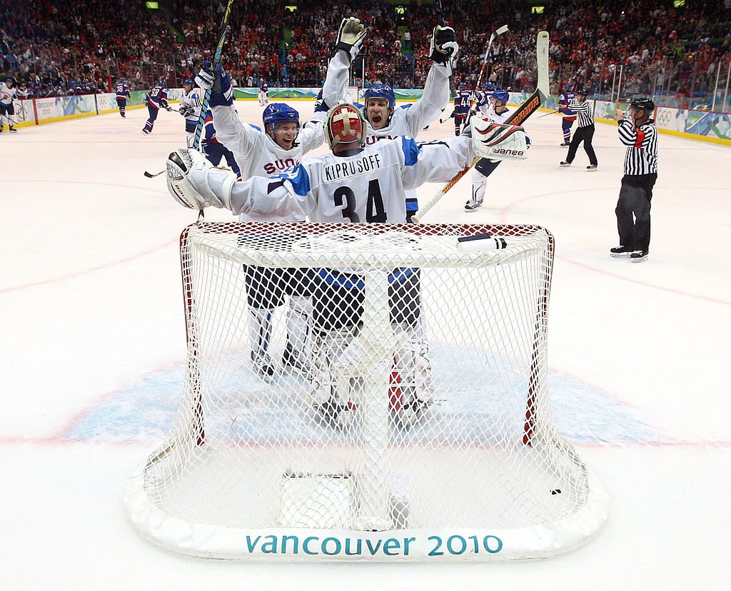 VANCOUVER, BC - FEBRUARY 27: Miikka Kiprusoff #34 of Finland celebrates with his team after defeating Slovakia to win the bronze medal in men's ice hockey on day 16 of the Vancouver 2010 Winter Olympics at Canada Hockey Place on February 27, 2010 in Vancouver, Canada. (Photo by Bruce Bennett/Getty Images)